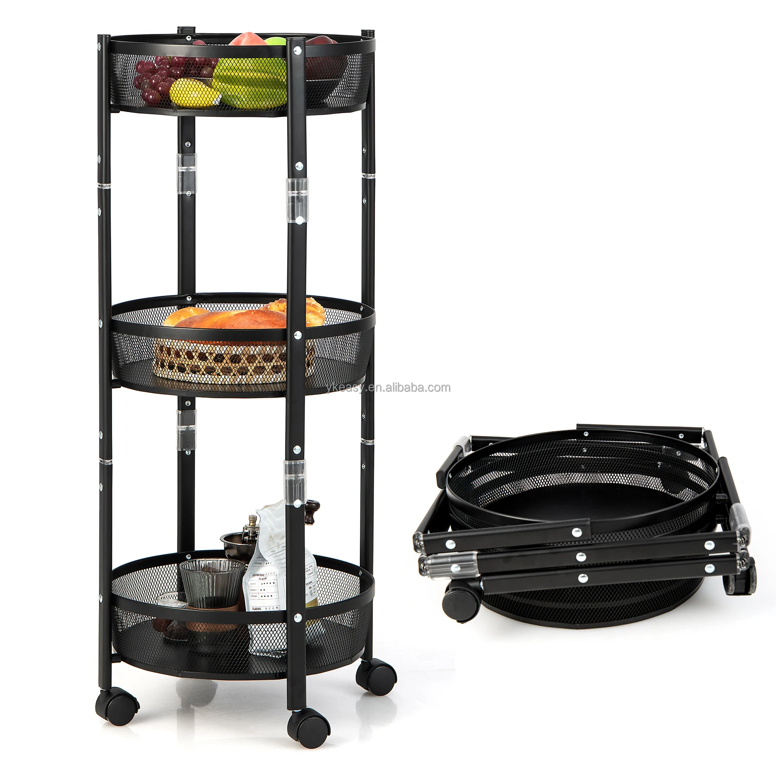3-Tier Foldable Storage Cart Round Rolling Fruit Vegetable Basket Stand Black