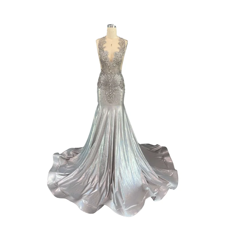 Custom Order Evening Gowns For Women Dress Long Royal Silver Sexy Rhinestone Bodice Applique Dresses Luxury  Prom Dresses