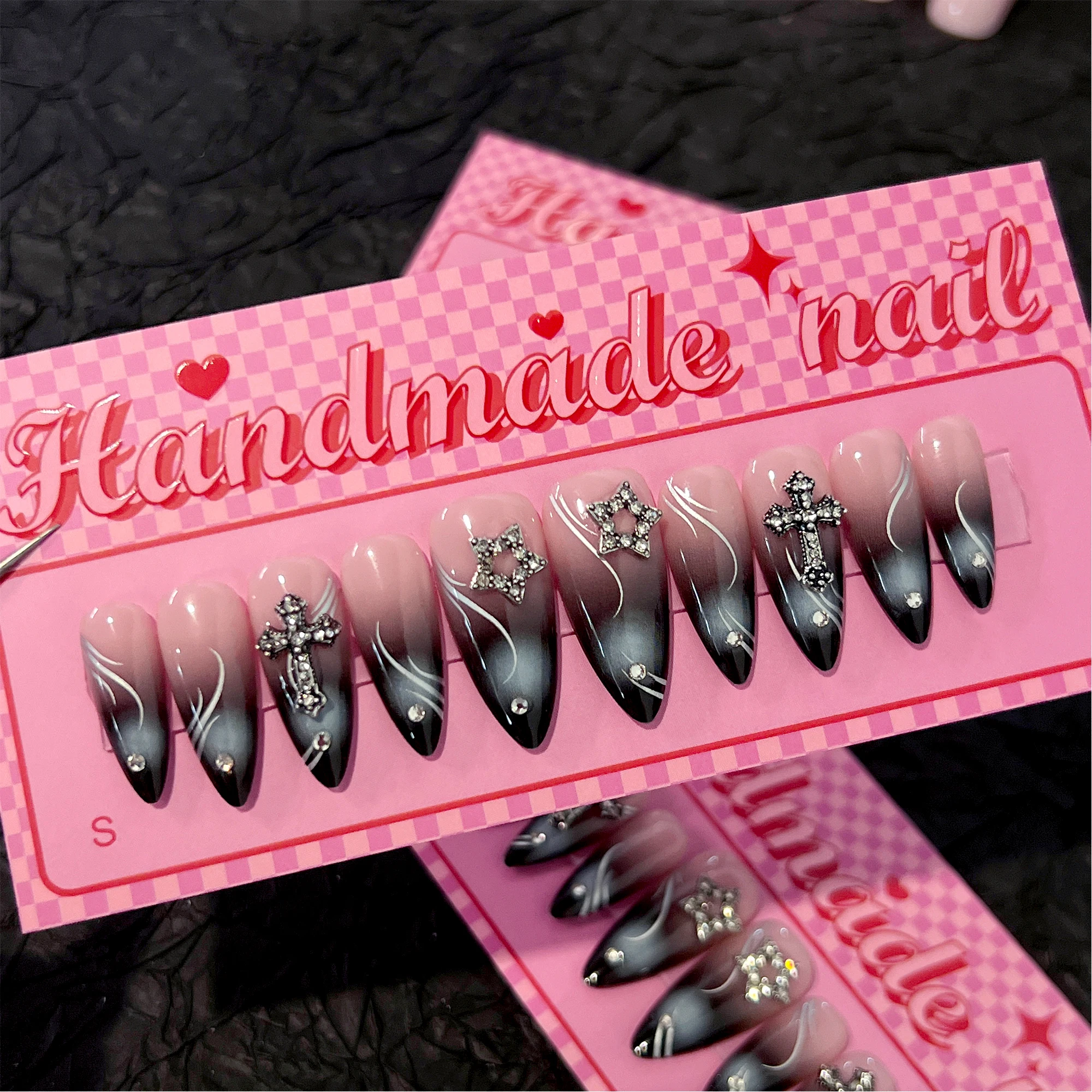 BEAU FLY 3D Trending Artificial Fingernails Low Price Wholesale Star Black Pink Art Nails Handmade Press On Nails