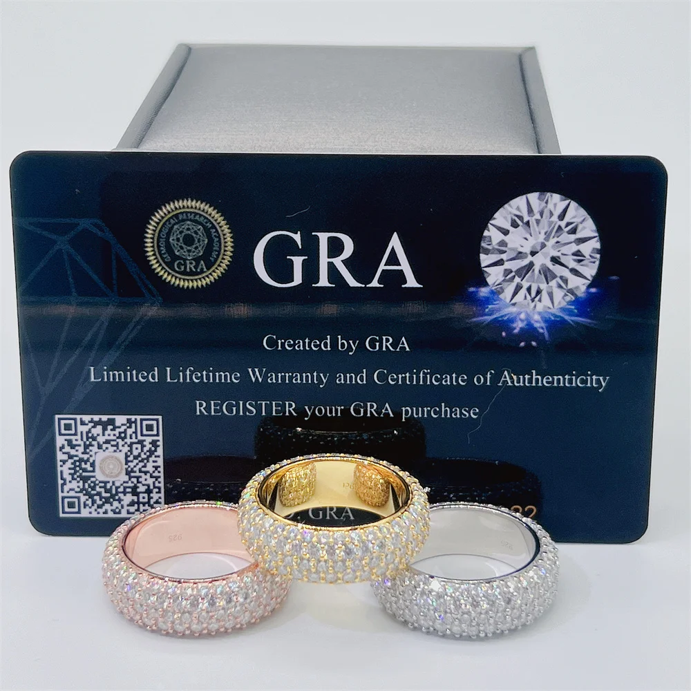 Luxury personalized factory high quality hip hop vvs moissanite 5 rows 925 silver mens eternity ring band for men women