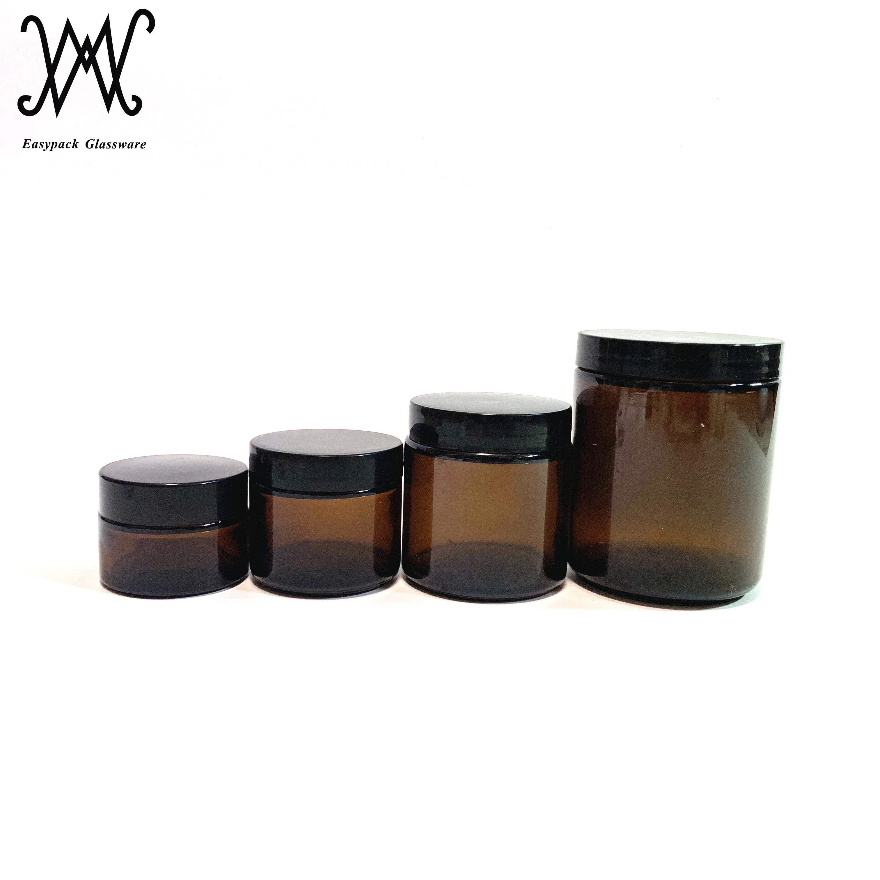 1oz 2oz 4oz 8oz straight sided round amber glass cosmetic jar with black plastic lid BPA free container