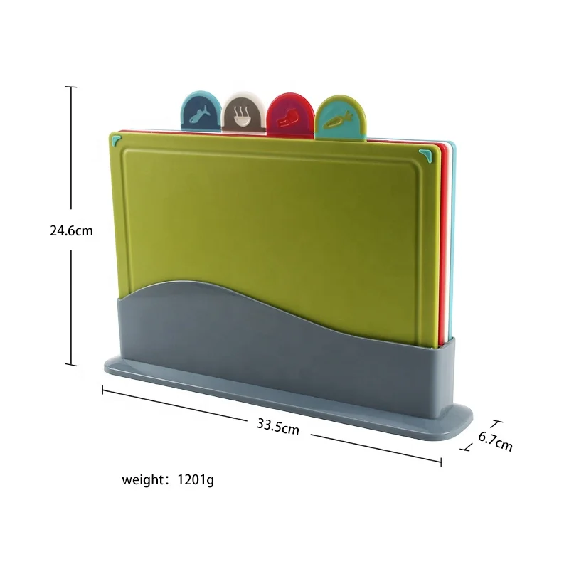 Hot Selling dishwasher safe BPA Free Non slip 4 pcs colorful plastic kitchen Chopping Board Set with Index and Draining Holder