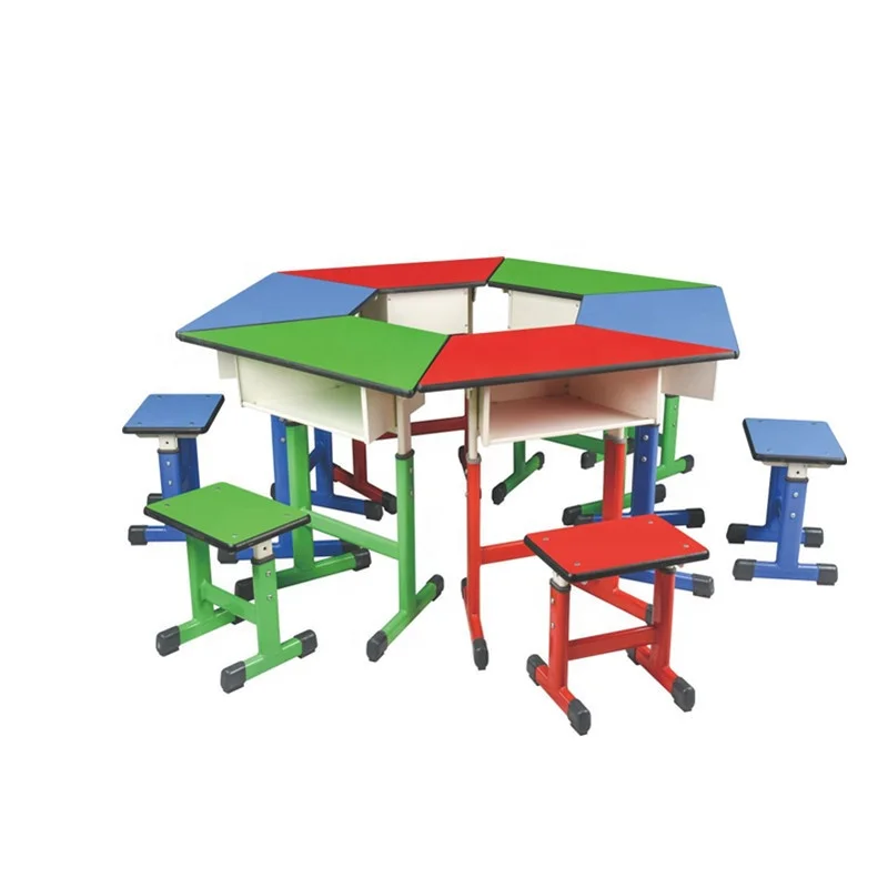 Durable colorful trapezoid shape  adjustable assemble kids  school study table and chair set group