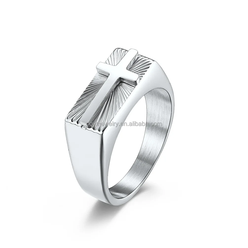 POYA Jewelry Classic Cross Signet Rings Men Fashion Stainless Steel Geometric Rectangular Ring Christian Jewelry