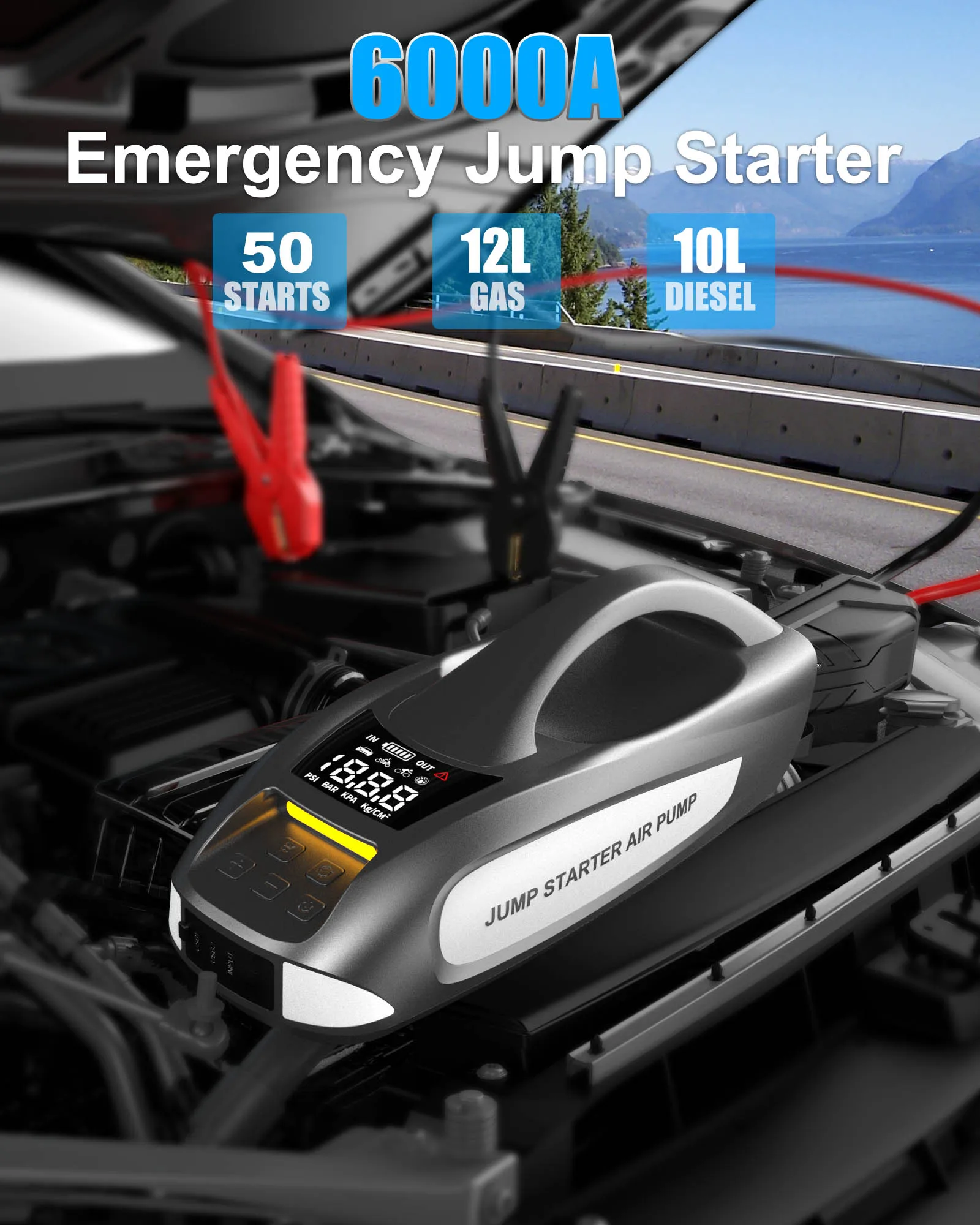 6000amp Start Current 3000a Car Jump Start With Air Compressor Portable Jump Starter Battery Booster With Air Pump Jump Starter
