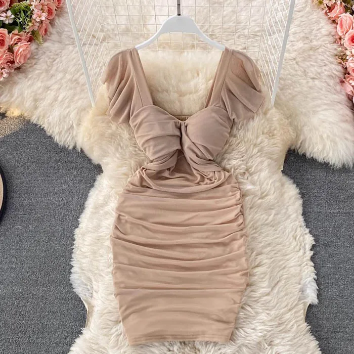 LY6429 Spring Summer New Arrival Woman French Sexy Bodycon Empire Pleat Square Collar Sheath Short Party Dress Mesh Dresses 2