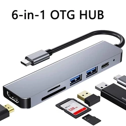 6 in1 USB Type C Hub Adapter with 4K HDMI Multiport Card Reader USB3.0 TF PD SD Reader All In One For PC Computer Accessories