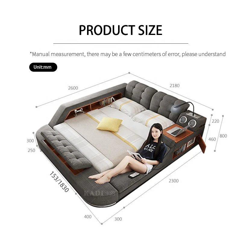 Modern Luxury Multi-functional Smart Leather Bed with Tatami Massage Recliner King Queen Size Solid Wood Bed Fabric Cotton