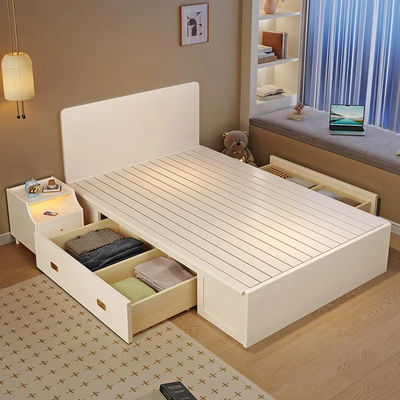Modern Scandinavian Solid Wooden Double Bed with 3 Drawer Storage for Home and Hotel Family Bedroom Master Bedroom Bed