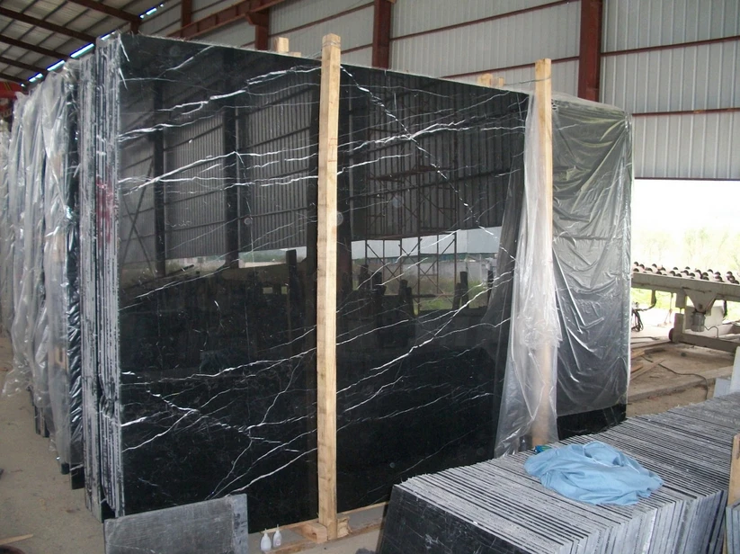 Polished black nero marquina marble tiles black marble with white veins staircase