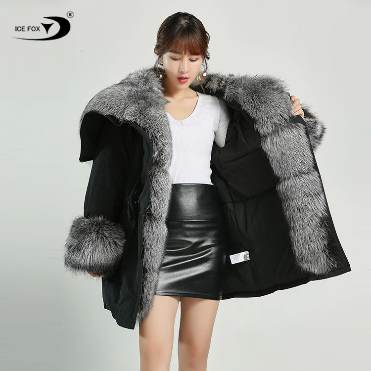 Меховое пальто с отделкой, длинная стильная модная зимняя куртка из лисьего меха, парка с капюшоном 2022