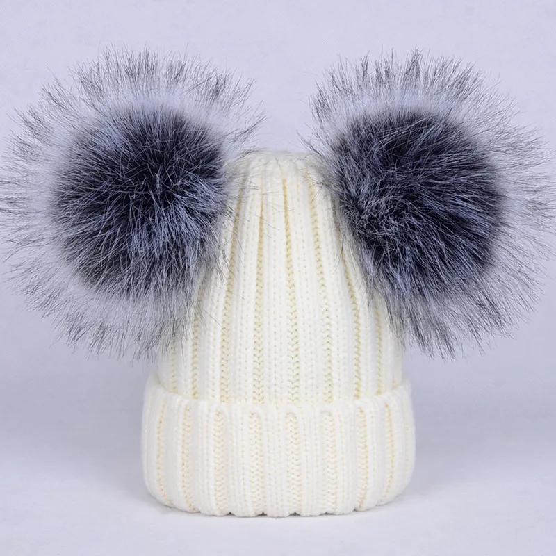 2024 New arrival ebay hot sale faux silver fox knitted hat with double fur pom poms  for children adult