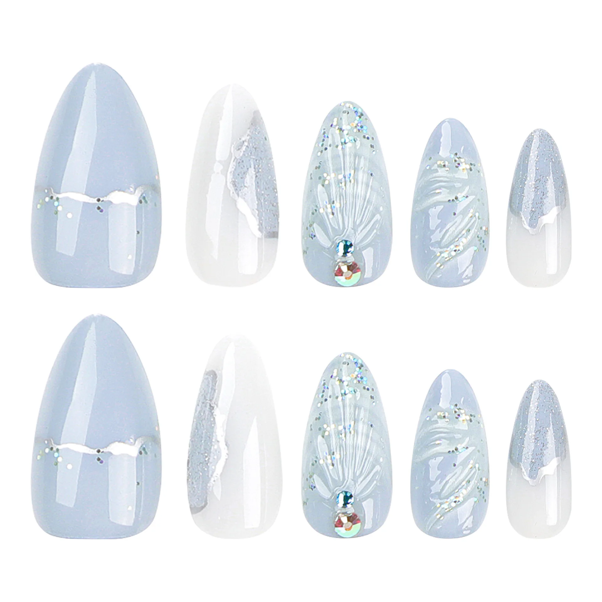 Long Almond Press on Nails Blue Fake Tips with Rhinestone 5D Sea Shell Designs Glitter False Nails Glitter Glossy Acrylic Nails