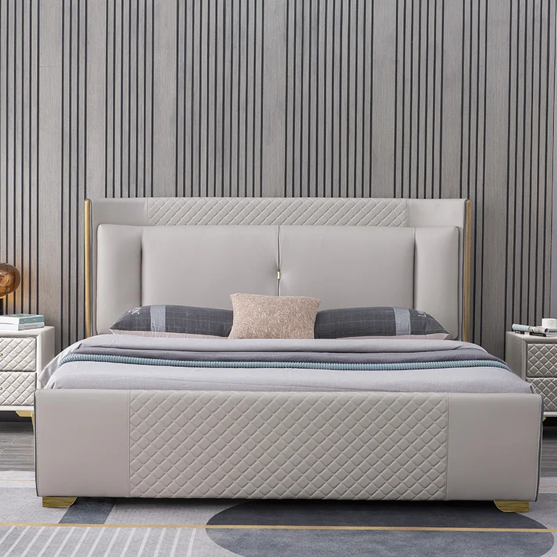 Modern Bedroom Furniture Storage Double Bed Fabric Headboard Wooden Beds