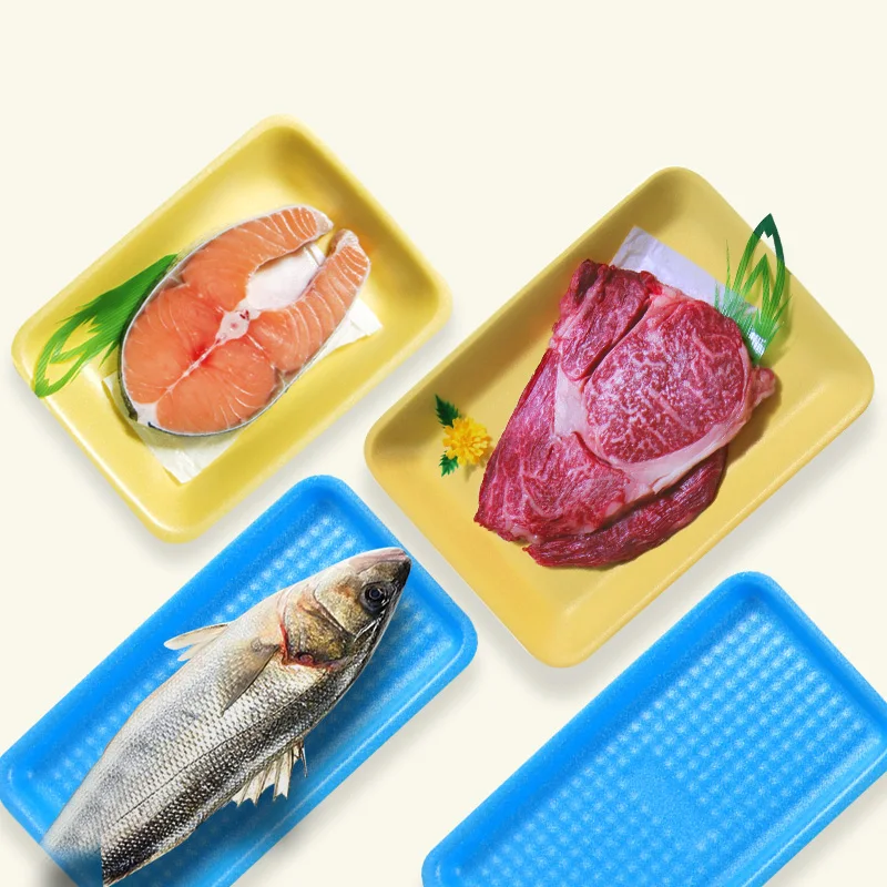 Синий одноразовый лоток для свежих продуктов и овощей прямоугольный упаковочный ящик фруктов пластиковые упаковочные коробки свинины говядины в супермаркете