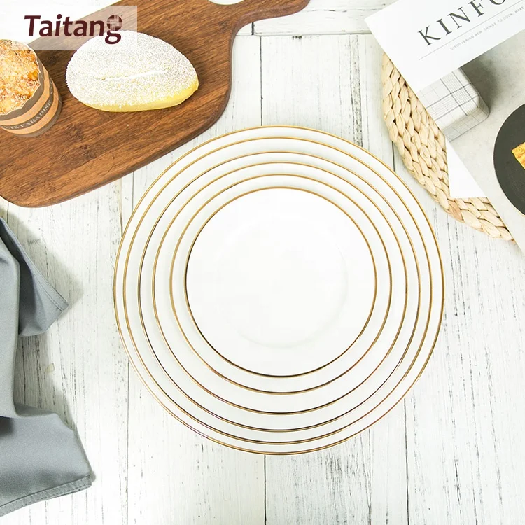 Restaurant Dinnerware Gold Rim Round Ceramic Dinner Plate Set 7 Plates Hotel Restaurant