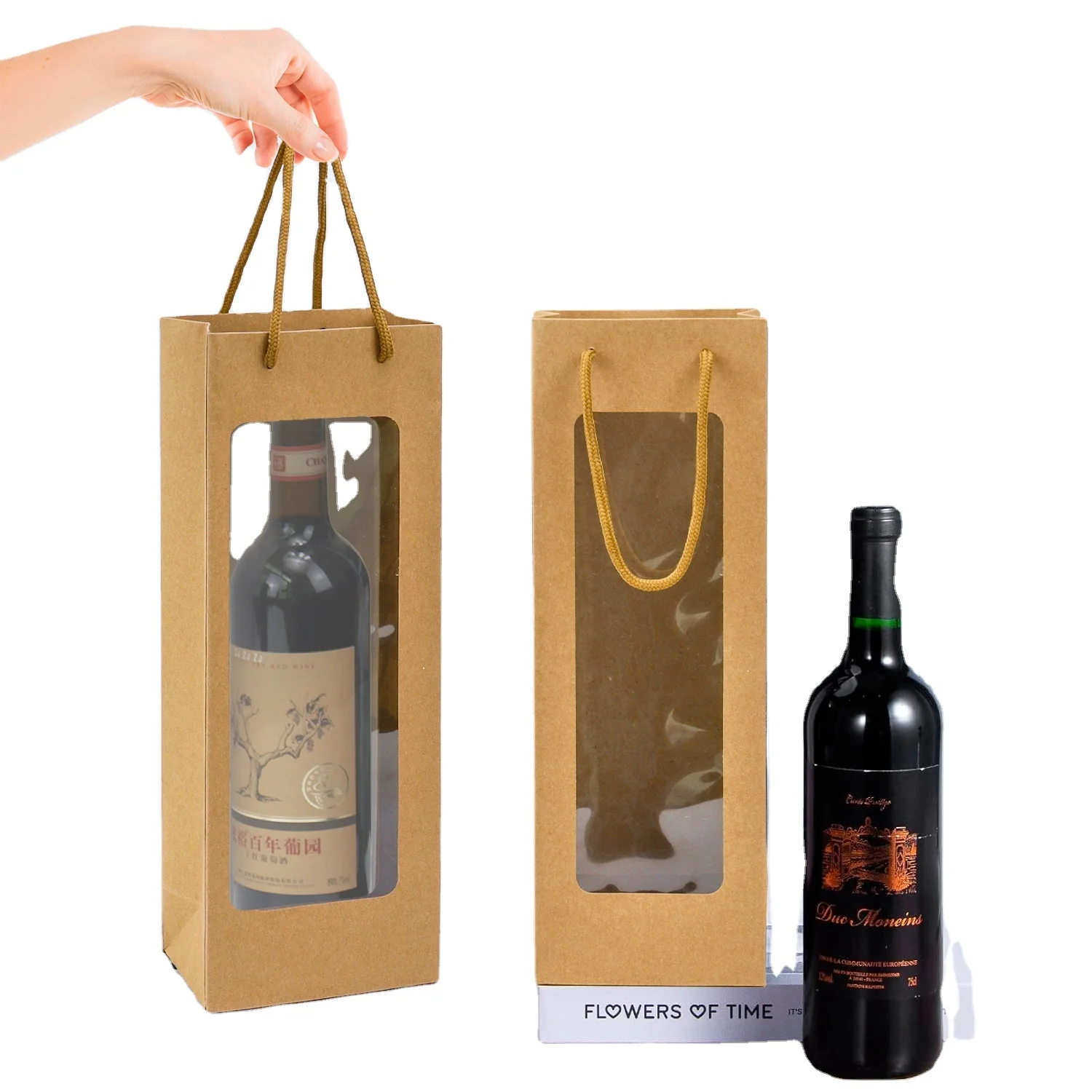 Single Wine Bottle Gift Bag Custom Cheap Brown Recyclable Wine Gift Bags Paper Bag for Wine