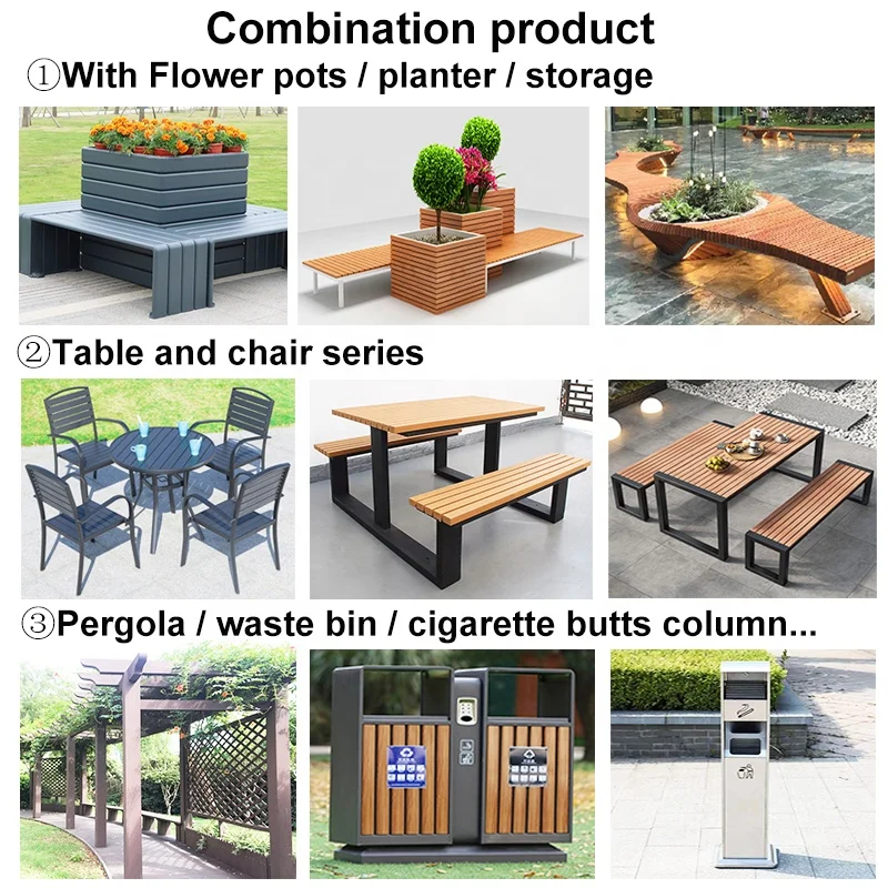 Park patio furniture outdoor garden wood plastic pvc composite wpc picnic dining metal steel table top chair set slat