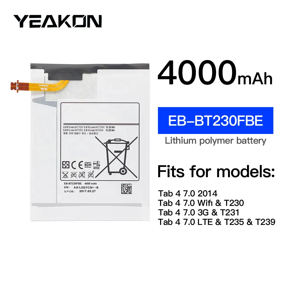 3.8V 4000mAh High Capacity Tablet digital Battery EB-BT230FBE for Samsung Galaxy Tab 4 7.0 SM-T231 SM-T230 SM replacong battery