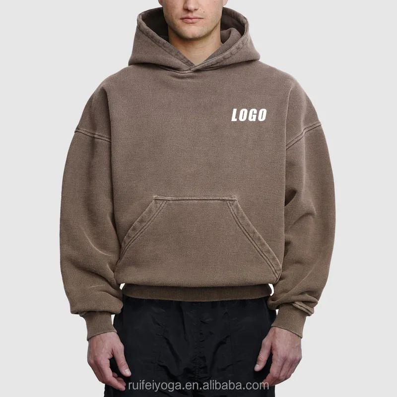 Custom Logo Streetwear French Terry 600gsm Heavyweight 100% Cotton Blank Oversized Acid Washed Cropped Fit Boxy Hoodie For Men