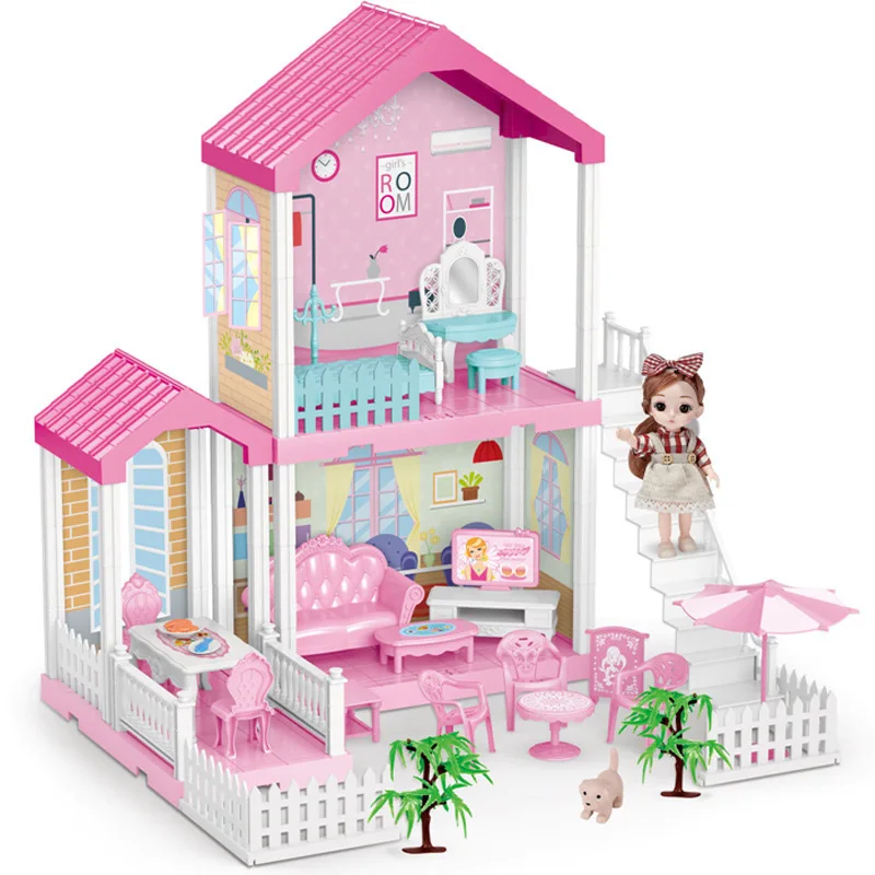 Christmas Hot Selling Gifts 3D DIY Doll House Wooden Pink Mini Doll House Puzzle Handmade Craft Festival Gift for Girl