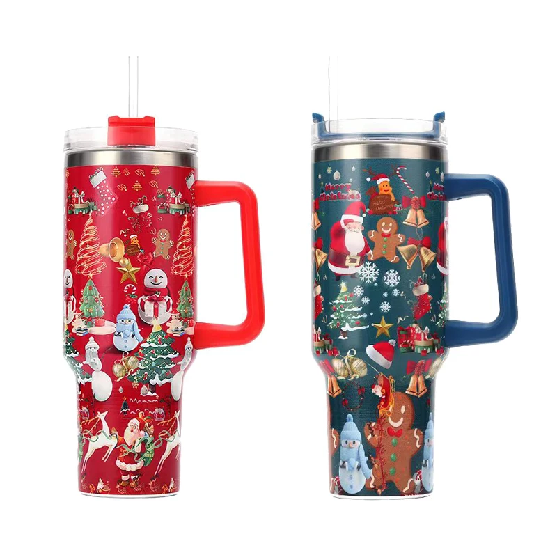 New Arrival Merry Christmas Sublimation Double Wall 304 Stainless Steel Christmas Printing 40oz Tumbler Coffee Mug with Handle