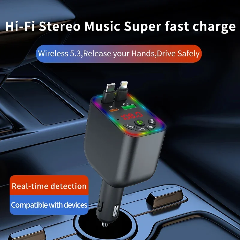 Bluetooth 5.3 FM Transmitter Car Adapter 120W Wireless Radio Music Player Bluetooth Car Kit Hands Free with Retractable Cable