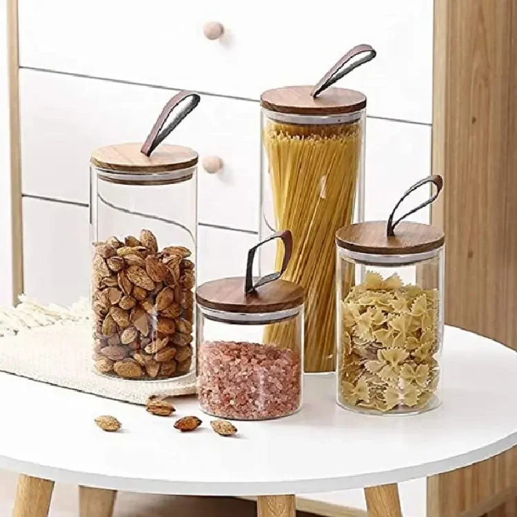 Square Transparent Airtight Borosilicate Glass Food Storage Jar with Acacia Wood Hand Lid for Candy Tea Coffee Bean