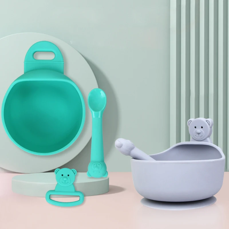 Baby Feeding Suction bowl Silicone Bowls Suction Silicone Bowl set with Spoon and teether for kid