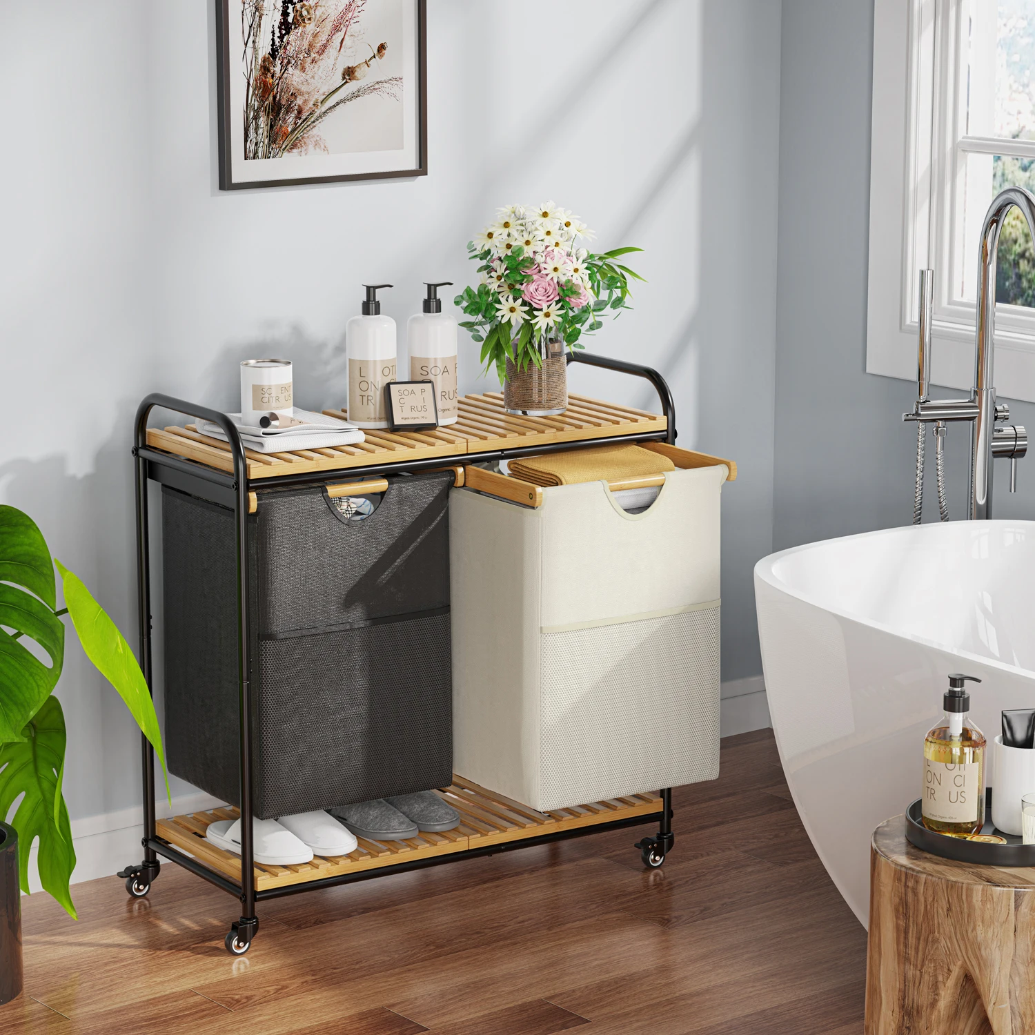 Bamboo Laundry Basket With Wheels Tall Laundry Sorter With 2 Pull Out Removable Bags and Shelves Bamboo Rolling Laundry Hamper