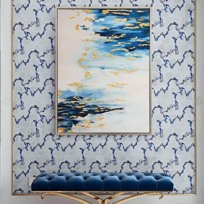 High luxury chinese opera waterjet tile art pattern cloisonne Mosaic with a blue flow pattern wire cutting process marble mosaic