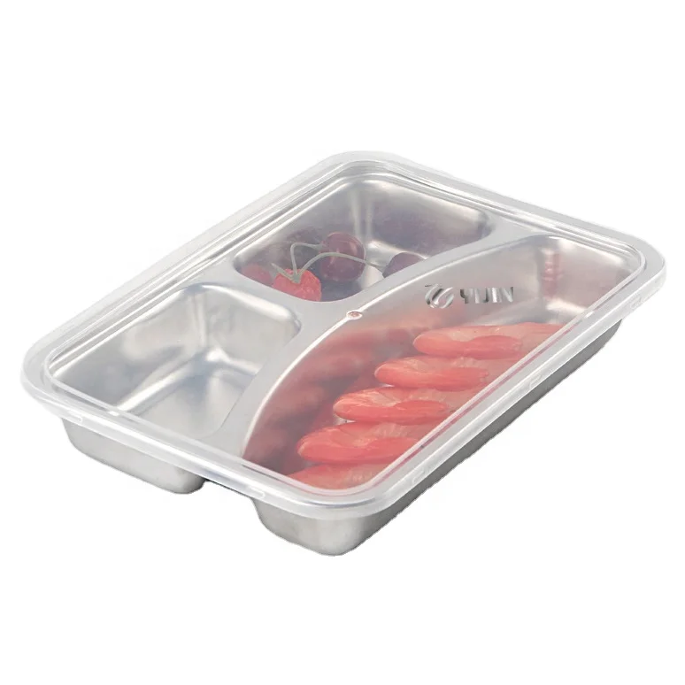 School canteen home 3 compartment food container bento divided plate stainless steel food tray for kid