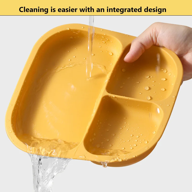 3pcs BPA-Free Microwave-Safe Silicone Baby Feeding Set Wooden Handle Spoon Fork Divided Design Suction Plate Toddler Dining Kit