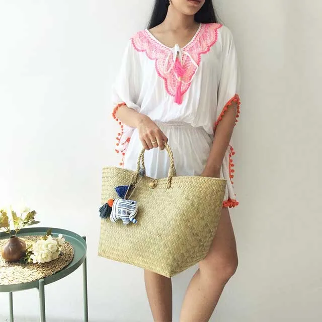 Plain Pom Pom Straw Bag Wholesale Summer Wicker Beach Tote Customized Bride Straw Beach Bags with Tassel