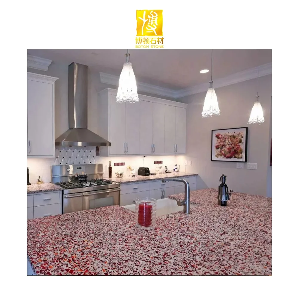 Artificial Stone Red Ruby Terrazzo Kitchen Bench Top Competitive Price Kitchen Countertop