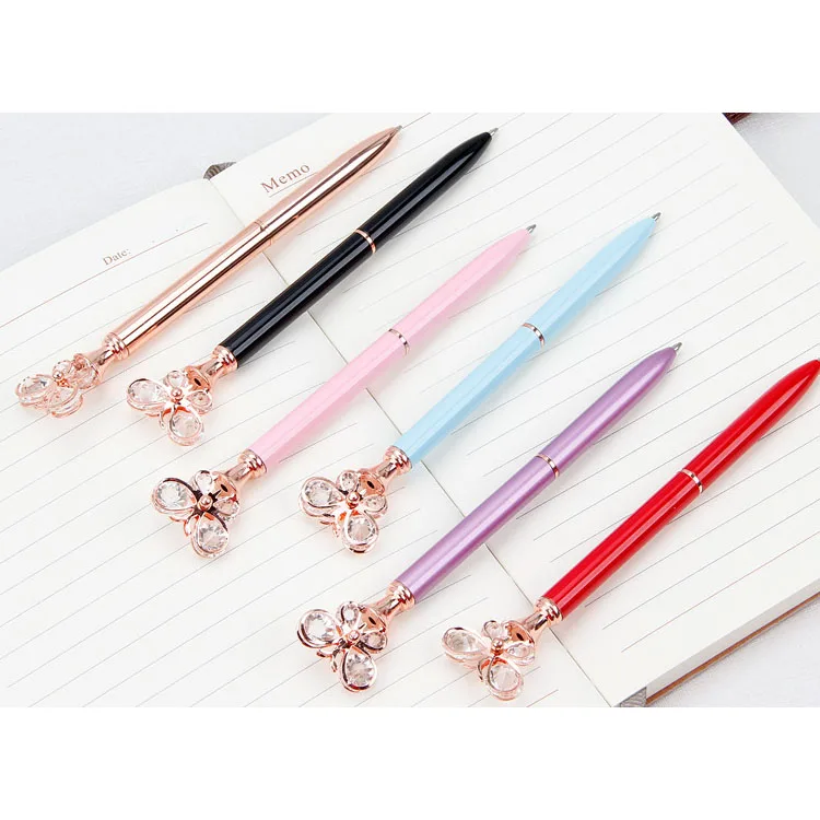 Office School Gift Custom Logo Big Diamond Butterfly Crystal Top Twist Metal Ballpoint Pen