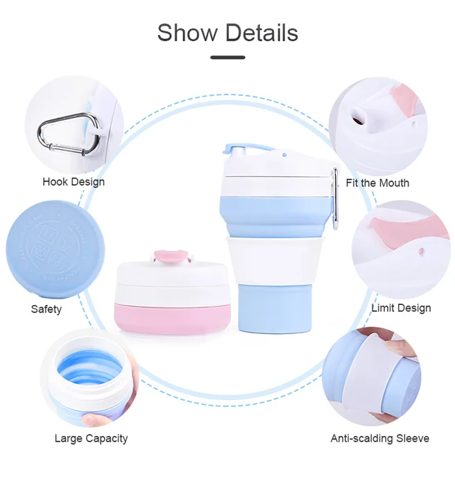 Silicone Custom Logo Printed Travel Coffee Mug Reusable Foldable Take Away Coffee Cups With Lid Straw