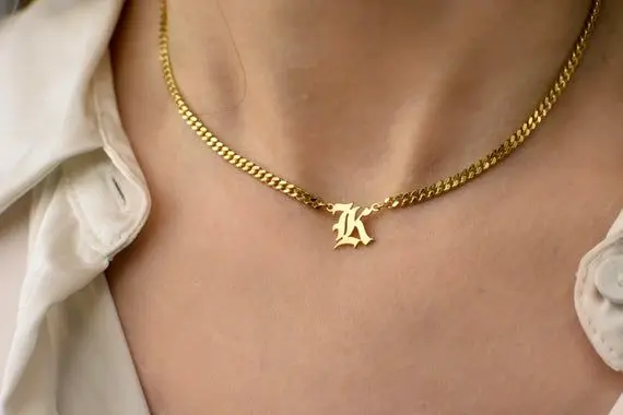 Personalized Women Men Old English Initial Nameplate Custom 18K Gold Plated Stainless Steel Initial Necklace