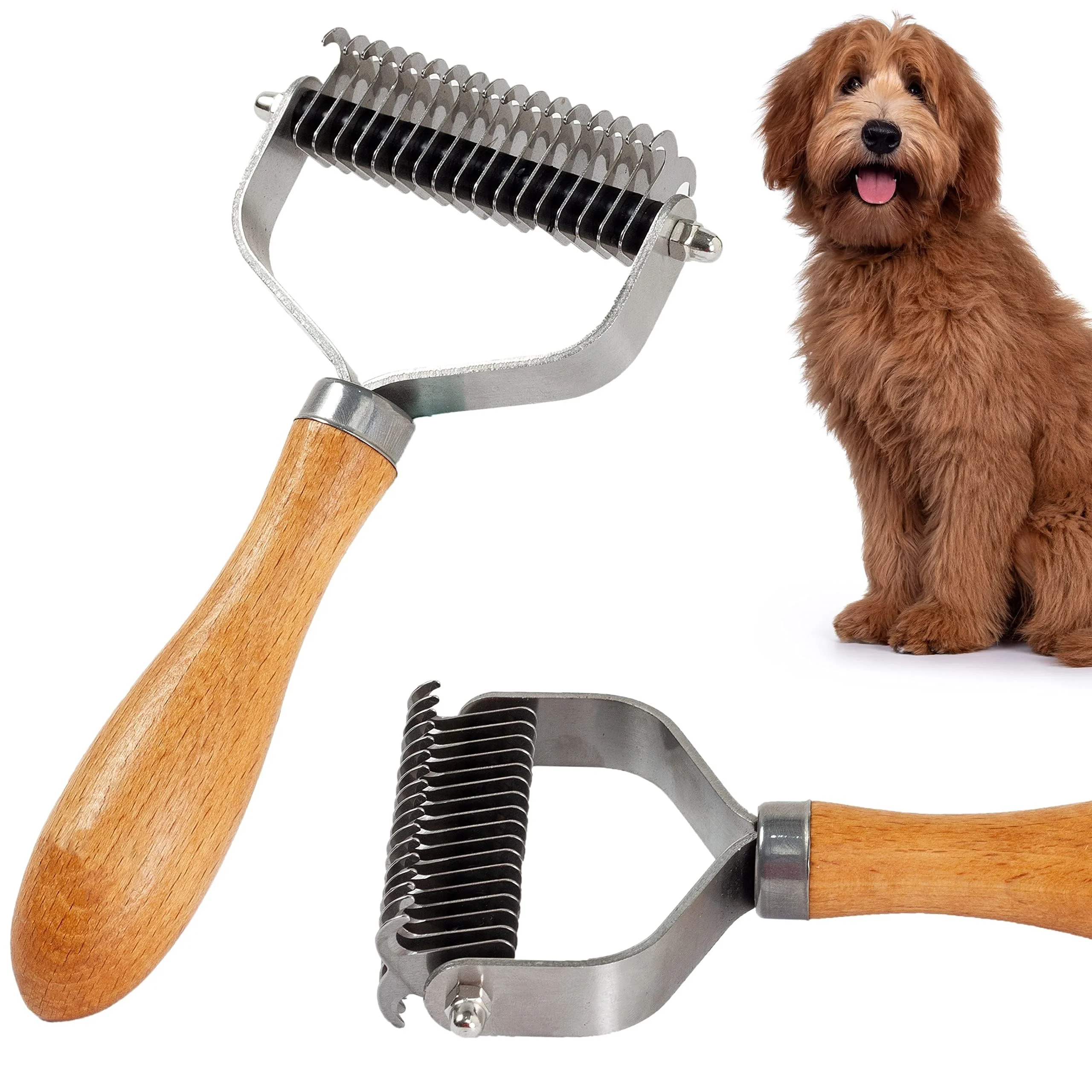 Wholesale Deshedding Undercoat Rake for Dogs with Stainless Steel Blades Pet Dematting Comb for Dogs and Cats with Wood Handle