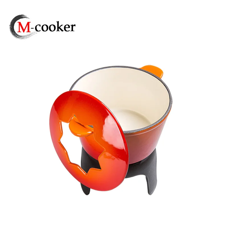 wholesale portable small ceramic enamel cast iron meat cheese chocolate fondue plate mug pot kit set with fork