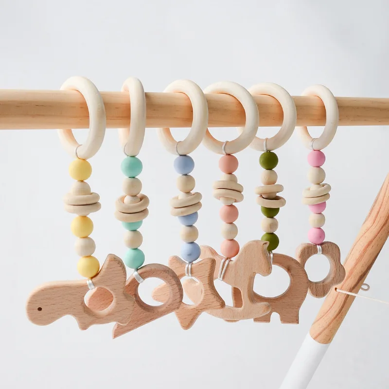 Animal Shape Wooden Baby Teething Ring Hanging Toy Infant Cradle Stroller Toy Nursery Room Decoration Silicone Teethers