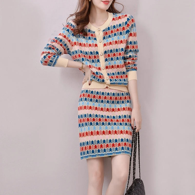 Sweater Women Two Piece Clothing Buttoned Fall Long Sleeve Knit Top And Skirt Set