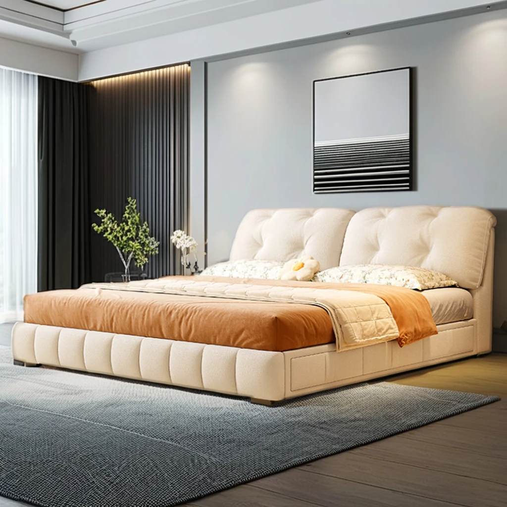 Italian Nordic Modern Design 1.8m Beige White Solid Wood Bed Frame Soft Double Bed King Size for Master Bedroom Wedding Twin Bed