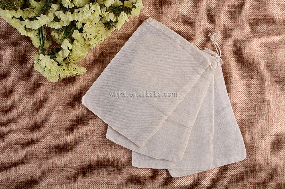 Unbleached organic cotton gauze drawstring bag with logo