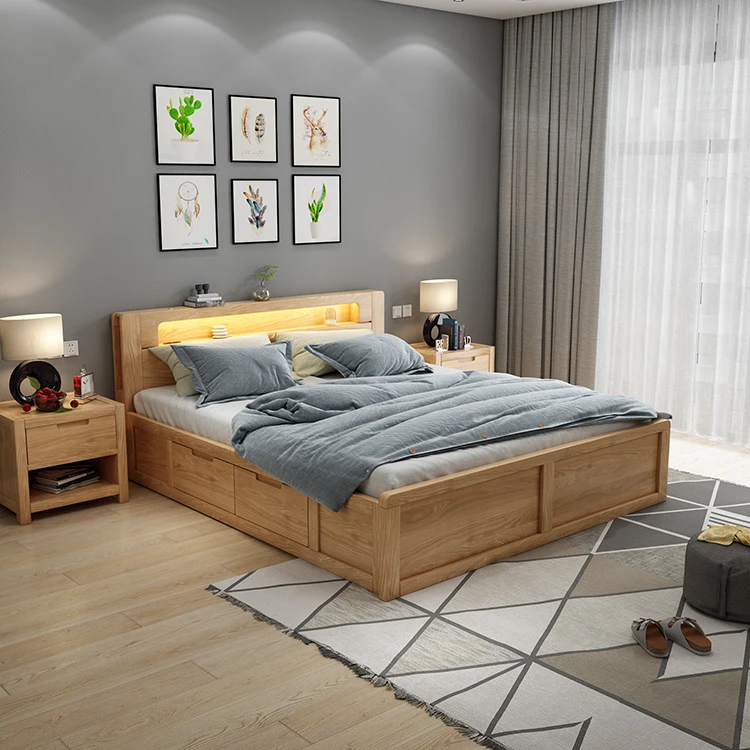 Frame Structure Modern Design Double Wooden Bed Frame Furniture Modern Beds With Storage