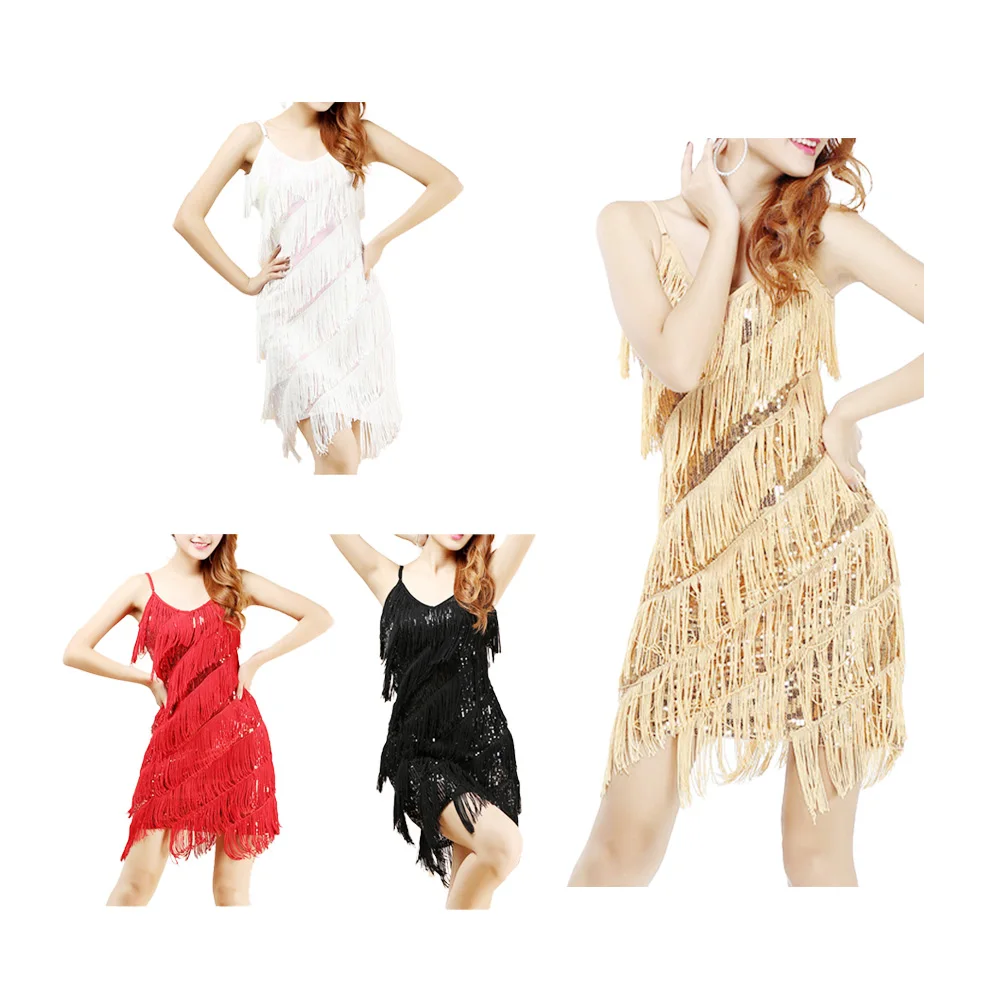 Woman Performance Sequined Fringe Dress Flapper Samba Tango Latin Dance Sequin Tassel Dresses for Party