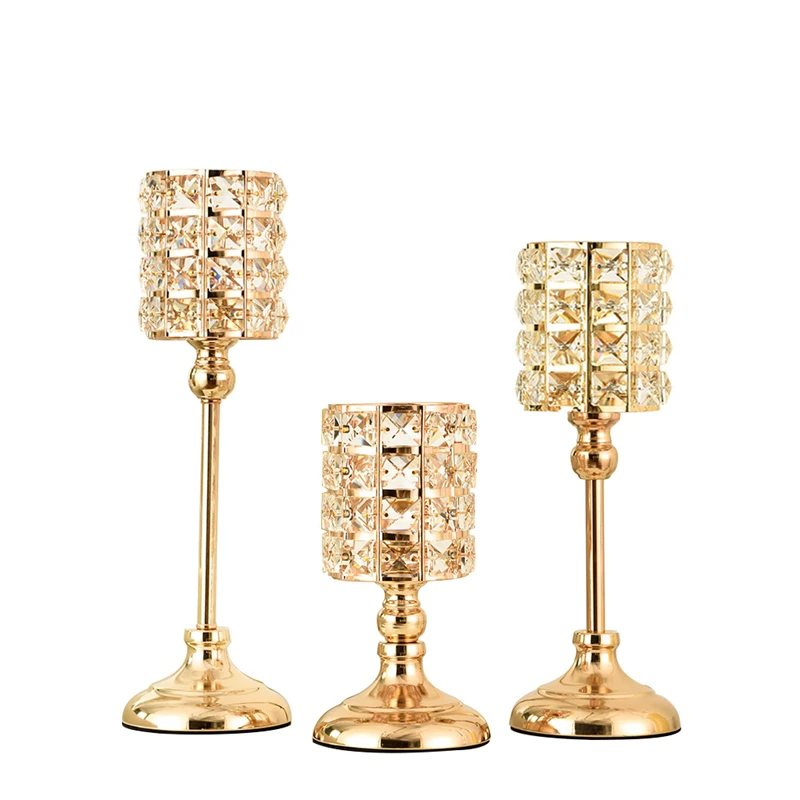 Luxury antiqu nordic wedding glass cylinder table decoration molds gold metal bougeoir crystal glass candlestick candle holders