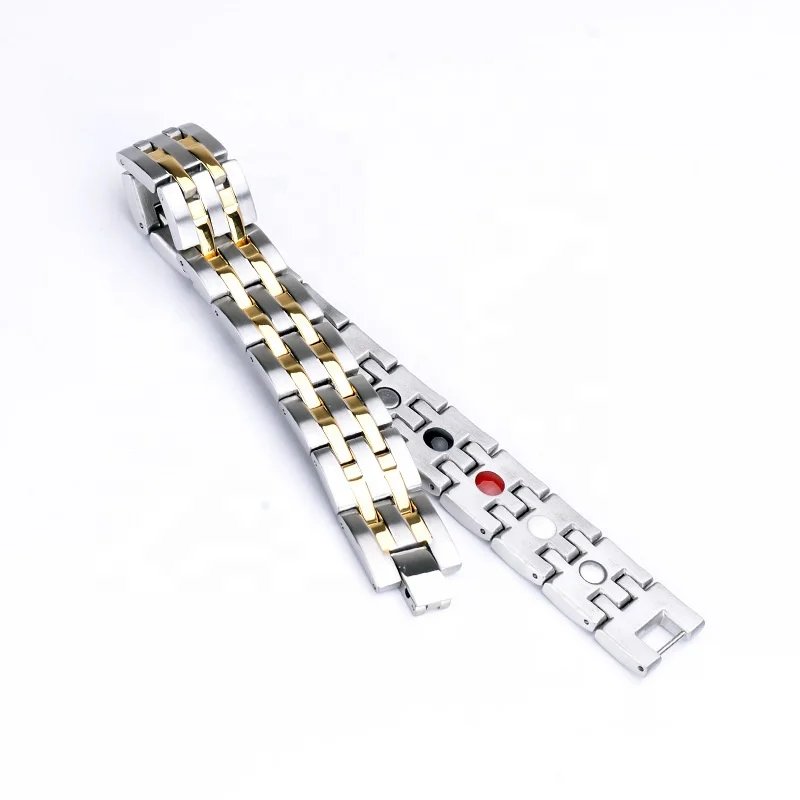 China factory wholesale gold color plated stainless steel and black ceramic 4 in 1 bio energy magnetic healthy bracelet