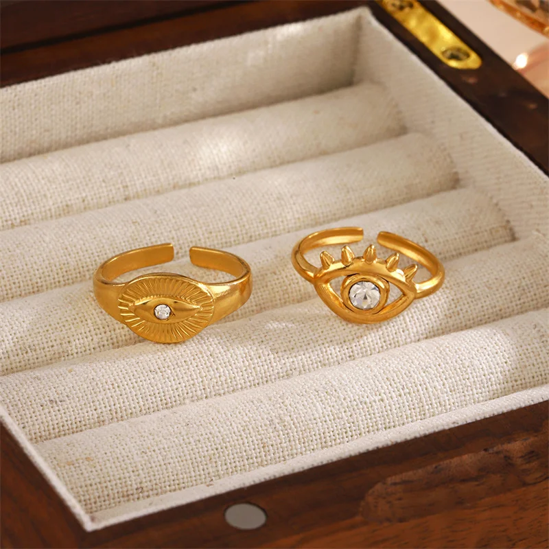 Vintage Rhinestone Inlaid Hollow Bone Wide Rings PVD Gold Plated Stainless Steel Leaf Evil Eyes Diamond Open Ring