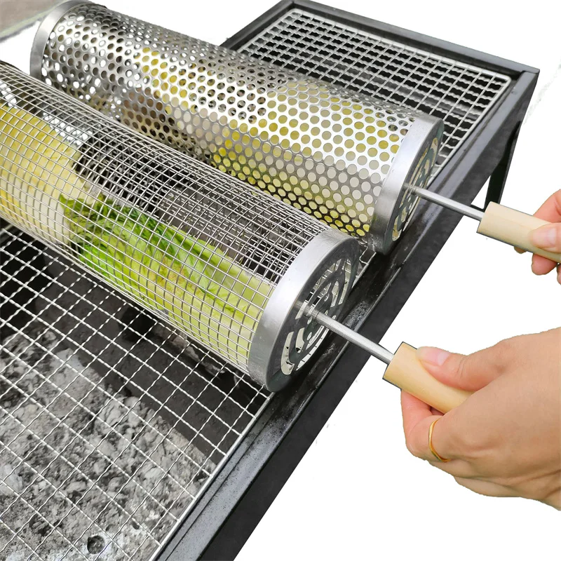 2 piece Barbecue Cylinder Round Mesh Stainless Steel BBQ net Tube Grill Rolling Grilling Basket with wood handle